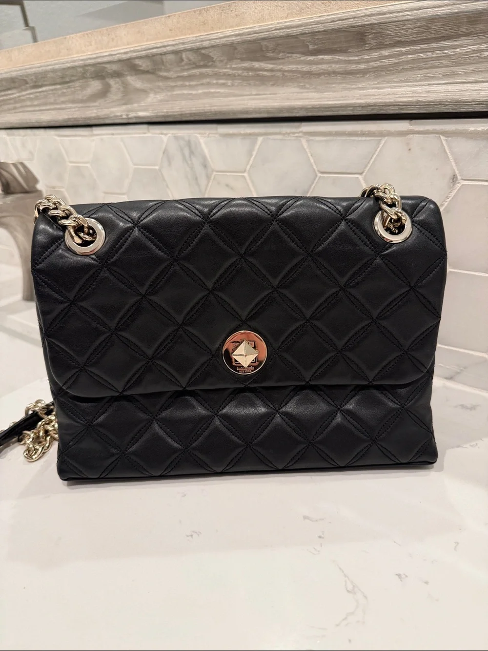 kate spade Medium Black Flap Quilted Shoulder and Crossbody Bag with Gold Chain
